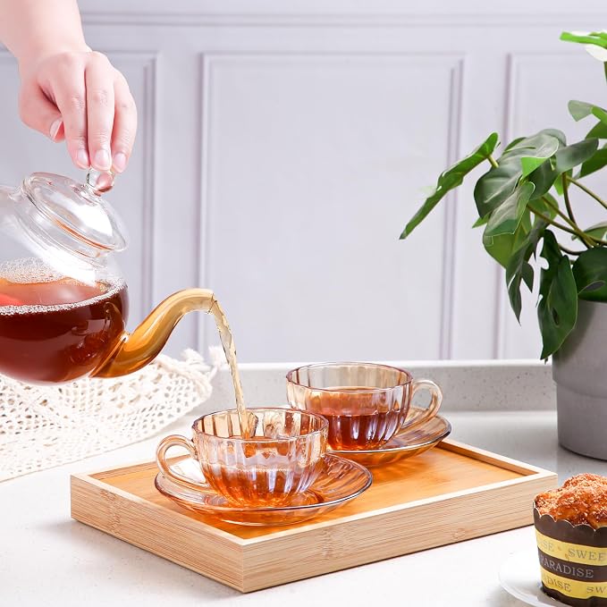 Glass Tea Cups and Saucers Set of 6, Glass Coffee Mugs - Image 8