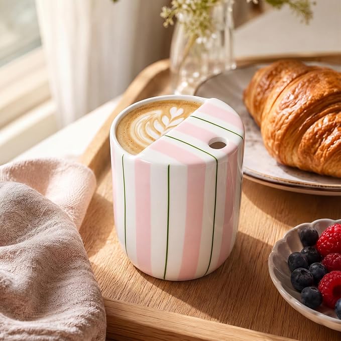 Ceramic Mug with Sip Hole 10 oz Pink Green Striped Ceramic Coffee Mug Hand - Image 7