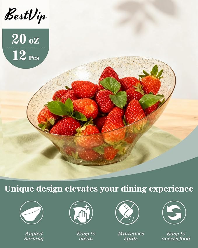 BESTVIP 20 Oz Clear with Gold Glitter Plastic Angled Serving Bowls, 12 Pack | - Image 6