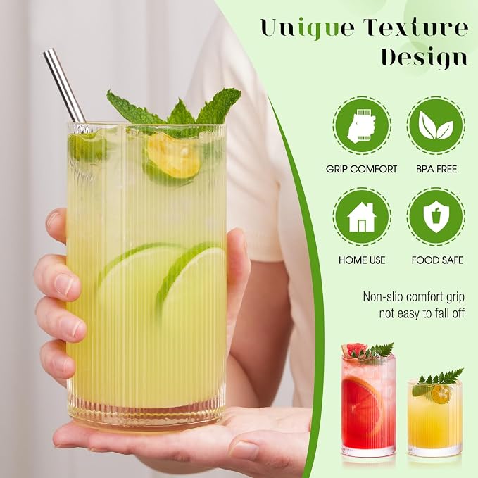 Ribbed Drinking Glasses Cups Set of 8 Large Capacity Highball 17oz&12oz | Rocks - Image 8