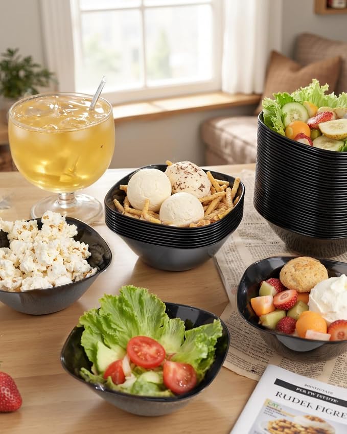 bUCLA 50 Pack Black Plastic Small Bowls - 8oz Disposable Ice - Image 8