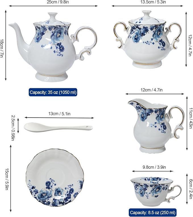 21-Piece Bone China Tea Set for Adults, Vintage Floral Tea Cup Set - Image 8