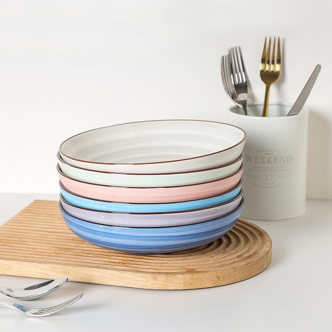 KitchenTour Large Pasta Bowls 34 oz, Ceramic Salad Serving Bowls Set of 6 - Image 8