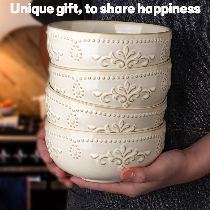 Soup Bowls 32 OZ, Cereal Bowls Set of 4, Embossment Ceramic Ramen Bowls - Image 8