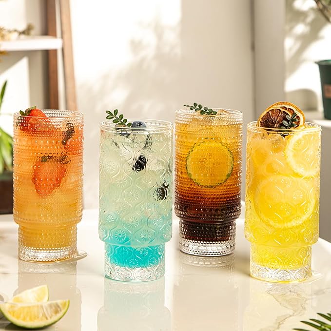 Drinking Glasses Set of 4, 16oz Textured Flower Design Cocktail Glasses - Image 9