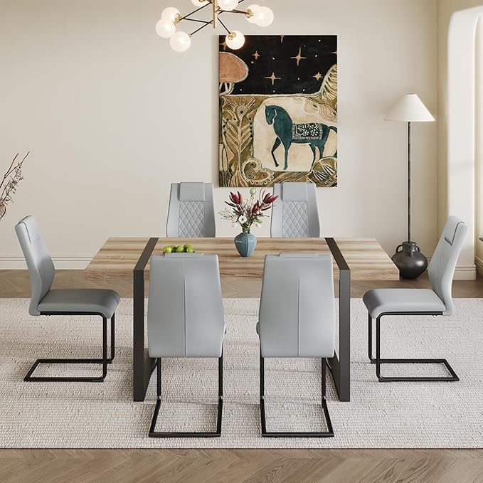 Dining Table Set for 6,Dinner Table Set for 6,71'' Kitchen Table and PU Leather Chairs Set of 6,6 Chair Dining Table Set for Kitchen Dining Room