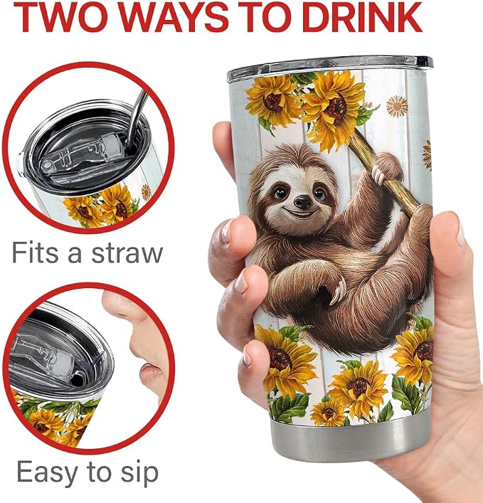 SANDJEST Sloth Tumbler 20oz Stainless Steel Insulated Coffee Travel Mug Cup - Image 7