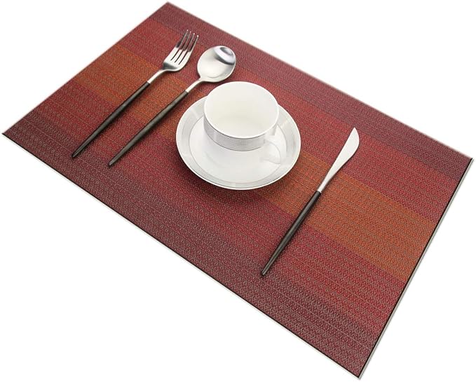 Placemats Washable Easy to Clean PVC Placemat for Kitchen Table Heat-resistand Cross Weave Vinyl Round Table Mats 12x18 inches Set of 6 (Red)