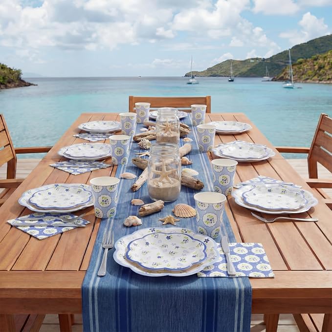 250 Pcs Blue Seashell Disposable Paper Plates and Napkins | Scalloped Design - Image 7