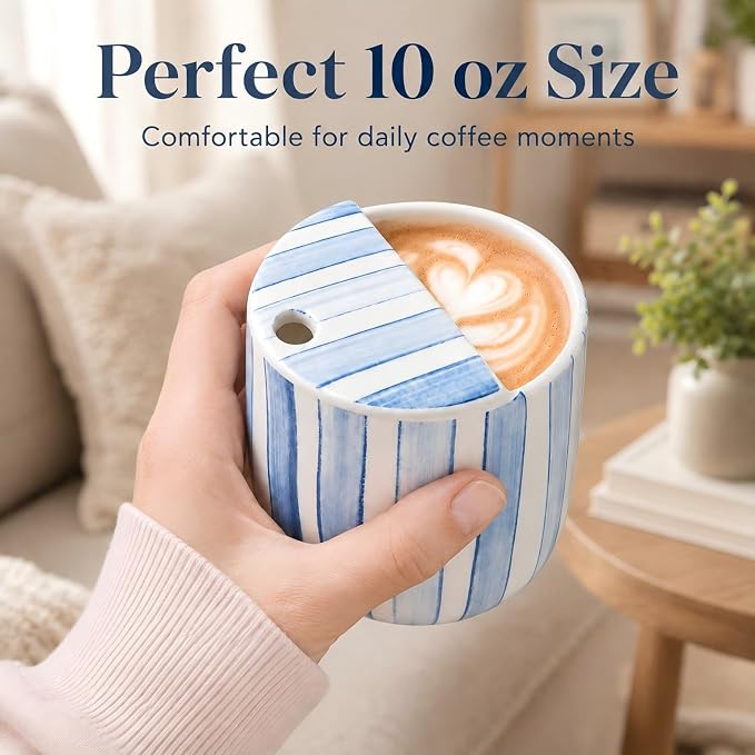 Ceramic Mug with Sip Hole 10 oz Novelty Blue Striped Ceramic Ice Coffee Mug - Image 7