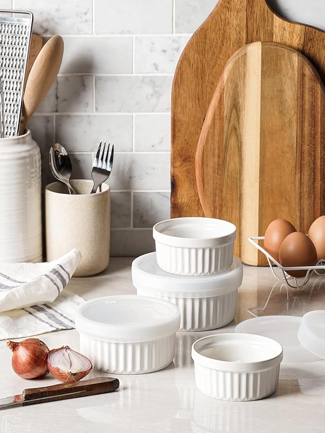 LE TAUCI Ramekins with Silicone Lids, 8 OZ Ceramic Soufflé Dishes, Ramekin Bowls for Crème Brûlée, Dessert, Dips, Oven & Microwave Safe, Set of 6, White