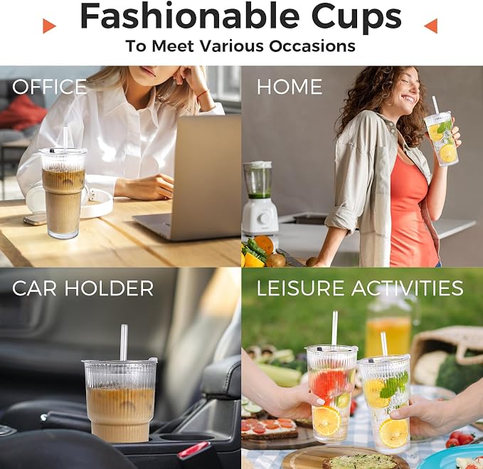 4PCS 20oz Glass Cups with Lids and Straws, Iced Coffee Cups with Lids, Stylish - Image 7