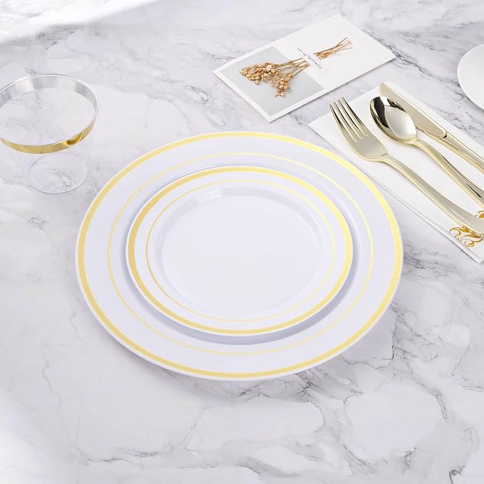 BESTVIP 100Pcs Gold Plastic Plates, 10.25 Inch Disposable Dinner Plates | Heavy - Image 6