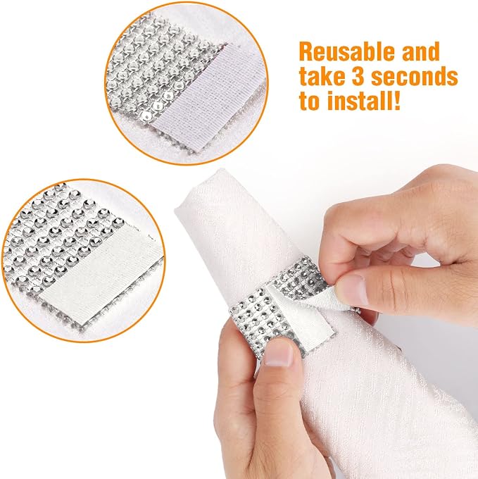 Bling Napkin Rings Set of 150, Rhinestone Silver Napkin Rings Diamond Adornment - Image 5