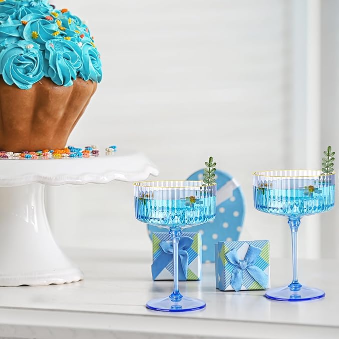 24 PCS Plastic Champagne Coupe Cup Ocean Blue Ribbed Coupe Glasses 10oz Detachable Gold Rim Espresso Martini Glass Vintage Margarita Glassware Cocktail Glass Set for Baby Shower Hanukkah
