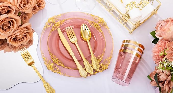 175 Pcs Burgundy Gold Plates for Party | Burgundy Party Plates Set for 25 Guests - Image 9