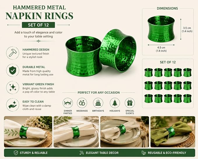 ITOS365 Green Napkin Rings Set of 12, Handmade Hammered Metal Napkin Ring - Image 4