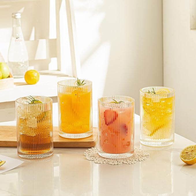 Vintage Ribbed Glassware Set: 4pcs 16.9oz XL Drinking Glasses, Fluted Ripple - Image 7