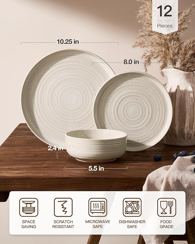 Stoneware Dinnerware Sets for 4, Reactive Glaze Plates & Bowls, Shell Beige | - Image 7