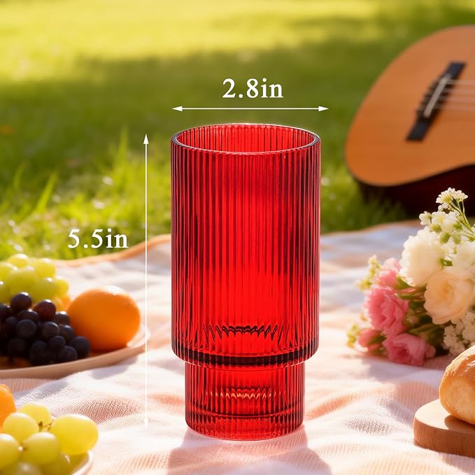 XKXKKE 12 oz Ribbed Drinking Glasses Set of 12, Highball Glass Cups Ridged - Image 6