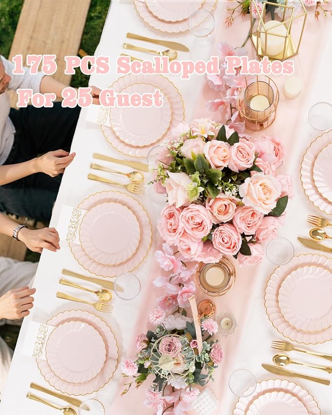 YOUBET 175PCS Pink Scalloped Plastic Plates - Image 9