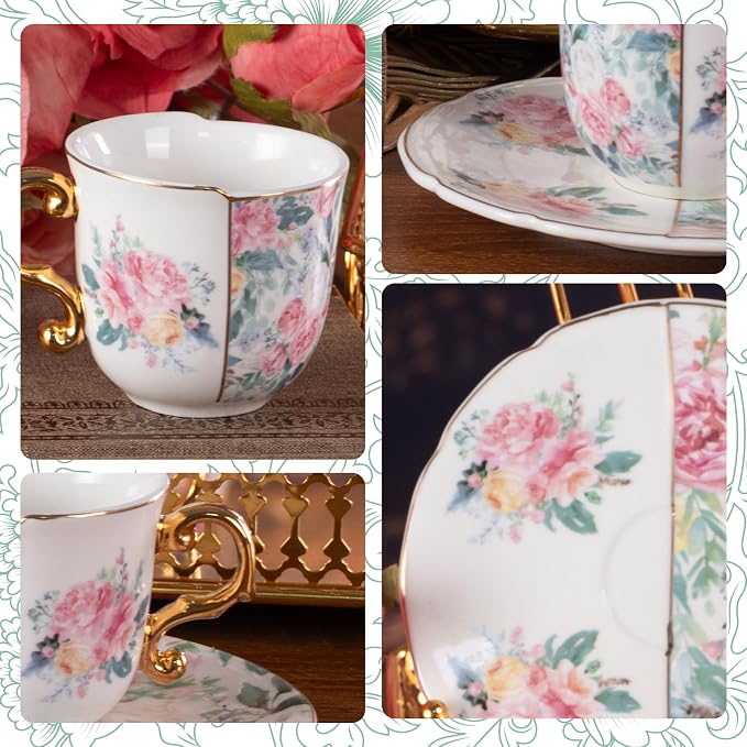 KAMMAK Tea Cups and Saucers Set of 2, 4 oz Porcelain Coffee Cups, YX013 | - Image 7