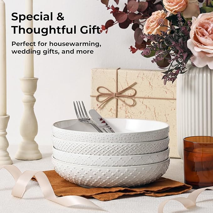 Y YHY 8.5" Pasta Bowls Set of 4, 30 oz Embossed Salad Bowls - Image 8