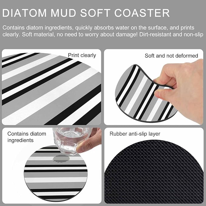 Black Gray Striped Coasters Set of 6, Contemporary Minimalist Lines Art Soft - Image 9