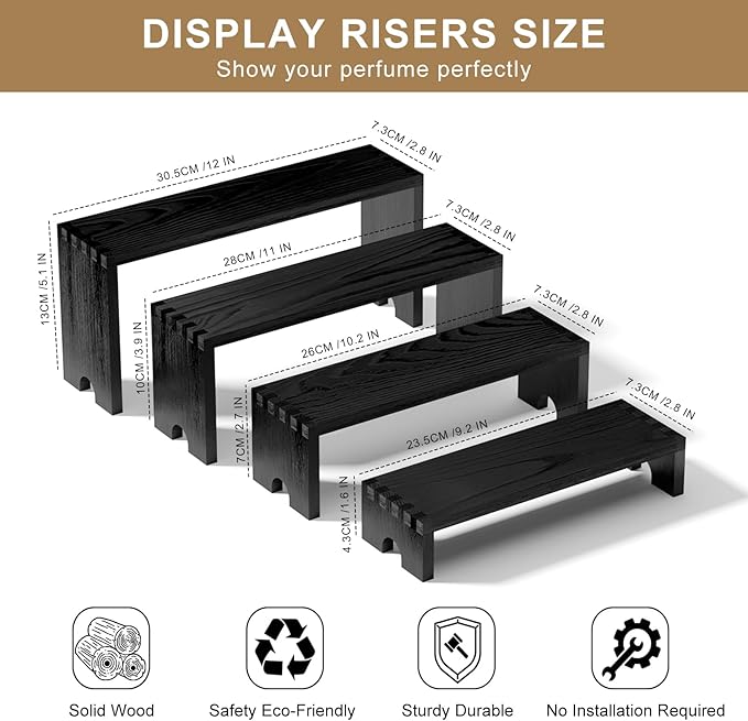 2 Set Large Black Wooden Tiered Riser Display Stands for Vendor Events,Stackable Wooden Cupcake Stand,Farmhouse Decor Wood Dessert Table Display Set,Vendor Booth Display Items,Food Display Risers for Party(12-11.2-10.4-9.6IN)