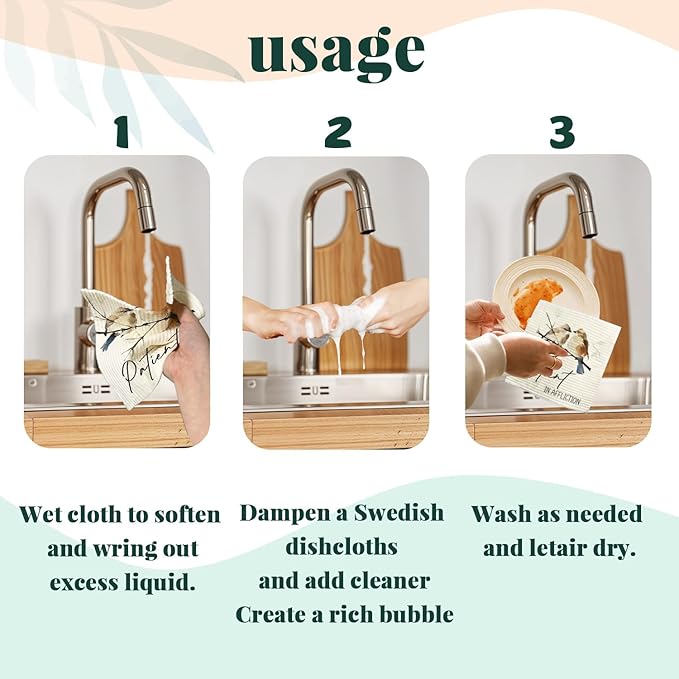 Bird Scripture Swedish Dishcloths for Kitchen, Swedish Dish Cleaning Cloths for Spring,Papaya Reusable Paper Towels, 4 Pack Dish Towels for Kitchen, Reusable Paper Dishcloths Washable