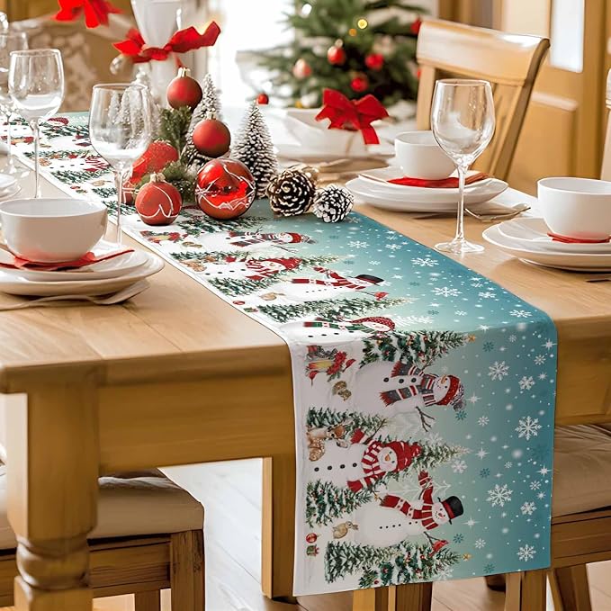 Teal Christmas Snowman Table Runner 72 Inches Long, Xmas Trees Snowflake Table - Image 9