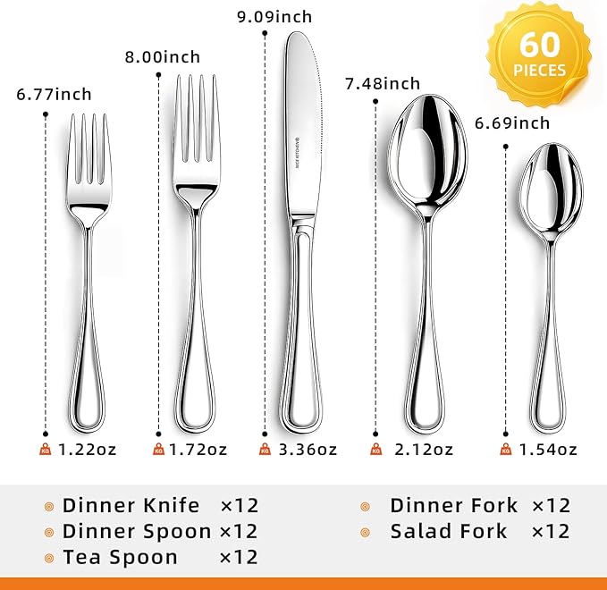 NICE KITCHEN Silverware Set for 12, 60 Piece Heavy Duty Cutlery Set | Mirror - Image 7