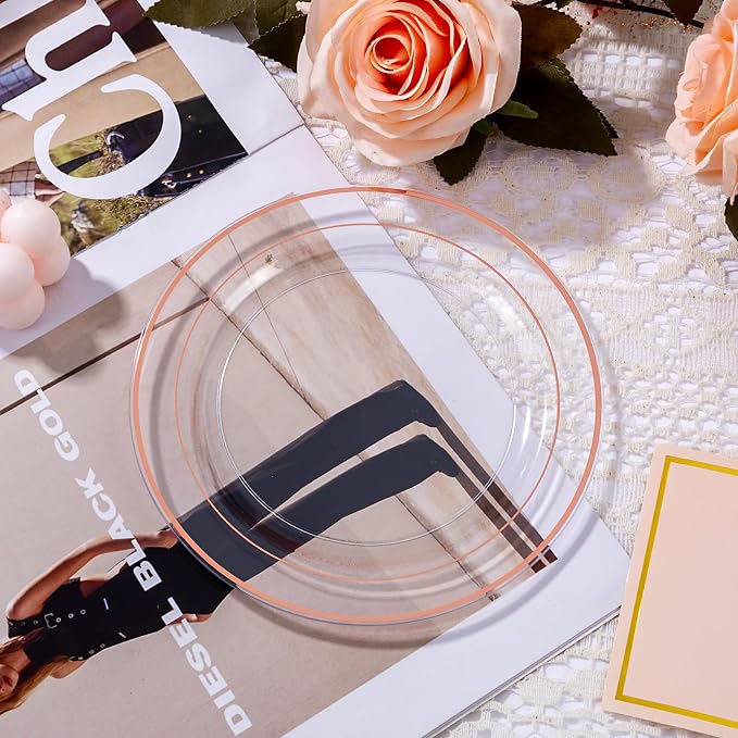 bUCLA 100PCS Clear Rose Gold Plastic Plates Disposable - Image 8