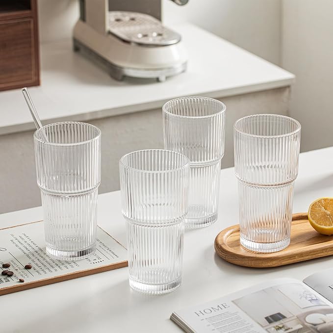 INSETLAN 20oz Ribbed Glass Tumbler, Iced Coffee Cups - Image 9