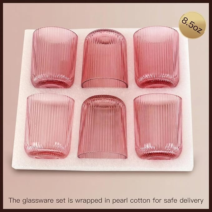 Pink Ribbed Drinking Glasses Set of 6, 8.5oz Vintage Highball Tumblers - Image 7