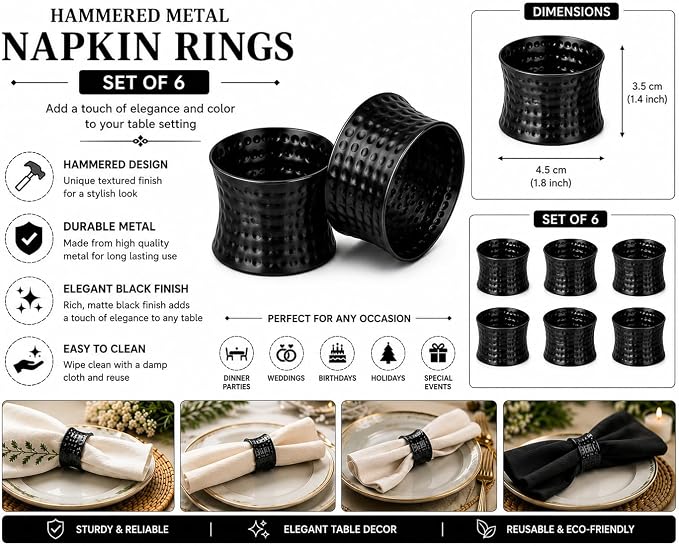 ITOS365 Black Napkin Rings Set of 6, Handmade Hammered Metal Napkin Ring Holders - Image 2