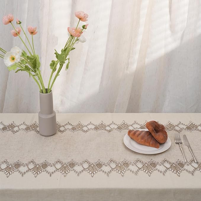 Phantomon Neutral Linen Table Runner 51 Inches Beige Embroidered Runner Lace - Image 7