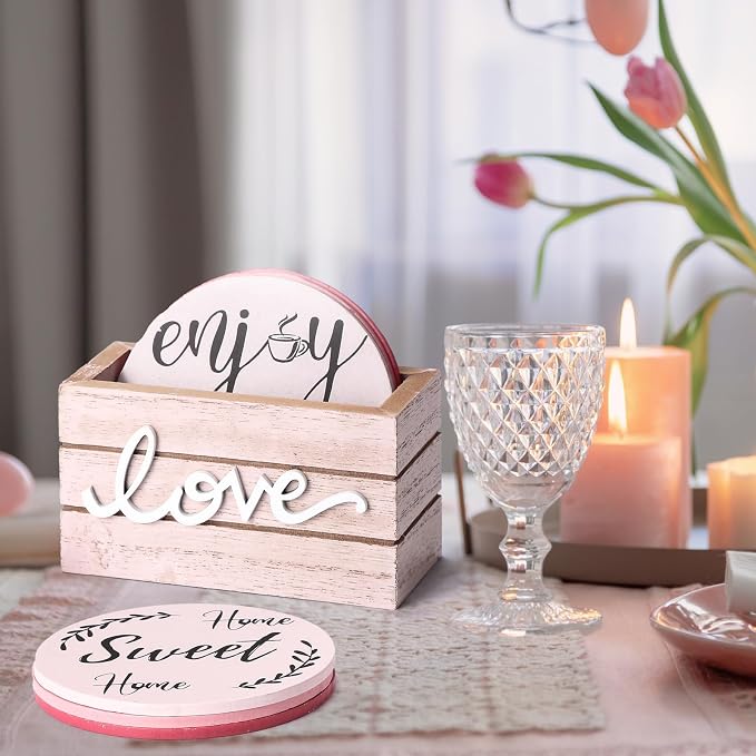 Queekay Coasters Set of 6 House Warming Gifts New Home Wooden Farmhouse Drink - Image 6