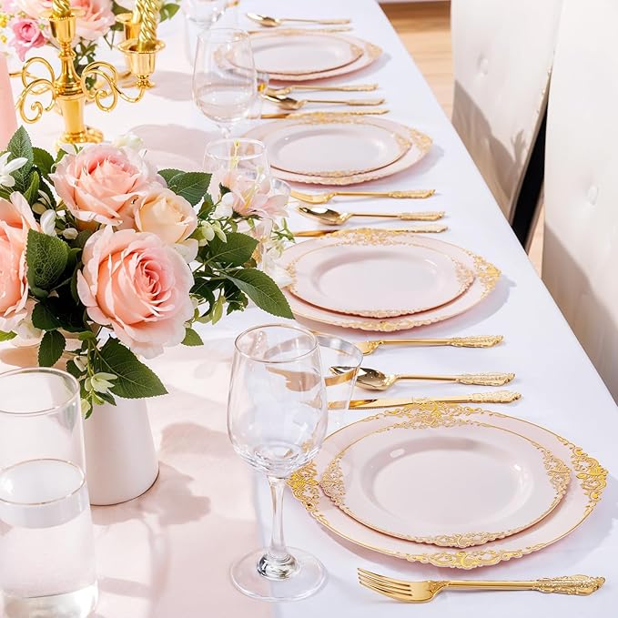 Nervure 100Pcs 10.25'' Pink Plastic Plates, Heavy Duty Disposable Plates - Image 9