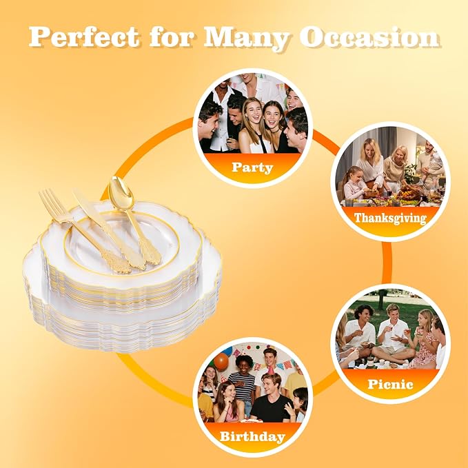 YOUBET 125PCS Clear Gold Plastic Plates - Image 9