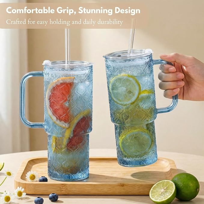 20 oz Blue Glass Tumbler with Lid and Straw, Glass Iced Coffee Cups, - Image 9
