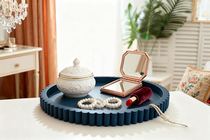 Handmade 12in Decorative Tray for Coffee Table Tray Decor, Blue Wooden Decorative Round Tray for Kitchen, Living Room, Home Decor