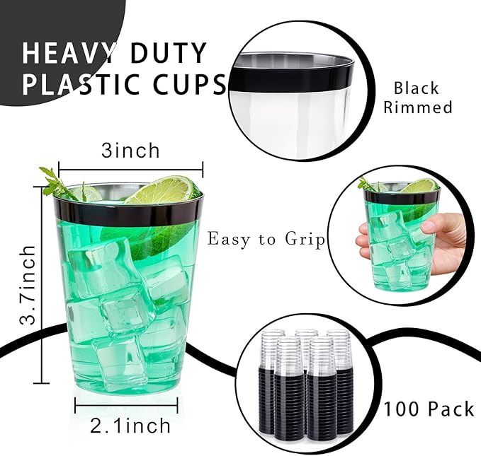 DaYammi 100 Pack Black Plastic Cups 10Oz Clear Disposable Cups - Image 9