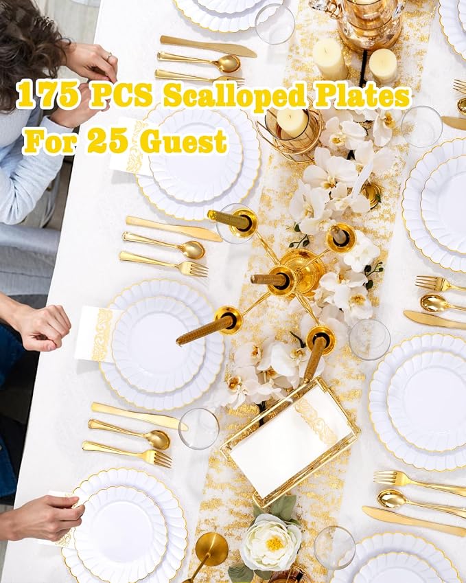 YOUBET 175PCS White and Gold Scalloped Plastic Plates - Image 9