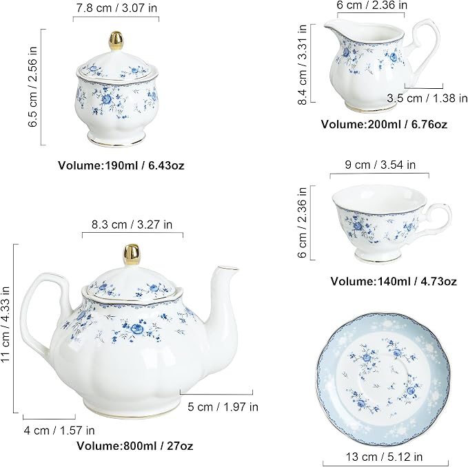 fanquare 15 Piece Blue Rose Porcelain Tea Set, British Floral Teapot - Image 6