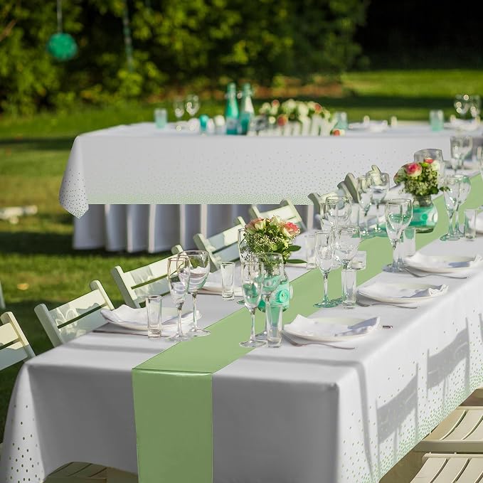 8Pack Plastic Tablecloths and Satin Table Runner Set Disposable White and Sage - Image 8
