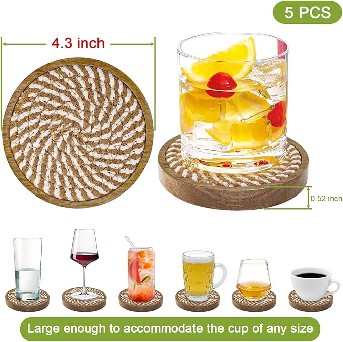 Eykao 5 Pack Coasters for Drinks Absorbent, 4.3 inches Woven Coasters for - Image 6