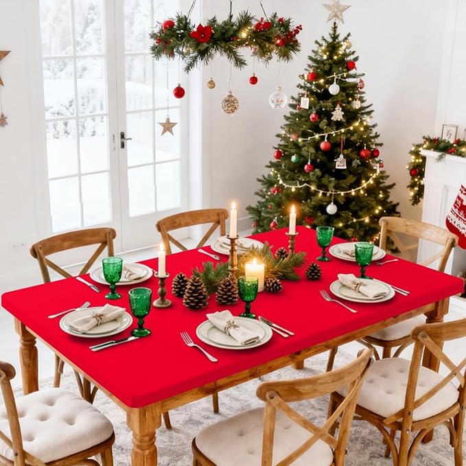 Smiry Rectangle Tablecloth, Elastic Fitted Flannel Backed Vinyl Tablecloths for 8ft Folding Tables, Waterproof Wipeable Table Covers for Indoor, Outdoor, Picnic and Camping (Red, 36"x96")