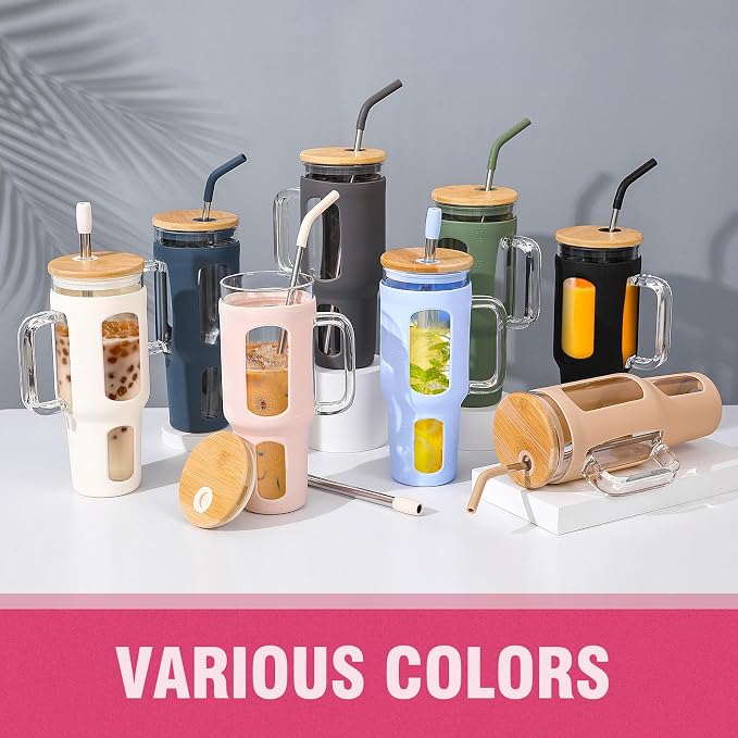 WINSA Glass Tumbler with Lid and Straw, 46 oz, Cotton Pink | Iced Coffee Cup - Image 7