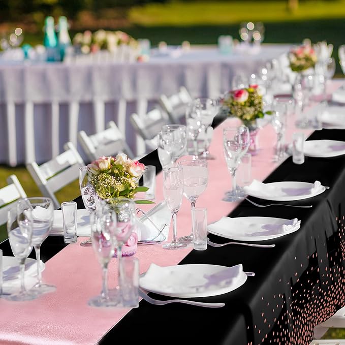 8 Pack Black and Rose Gold Disposable Plastic Tablecloths and Satin Table - Image 6